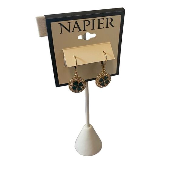 Napier Coin Drop Sparkly Shamrock Earrings in Green, Gold & Clear Pave Crystals - Picture 3 of 6